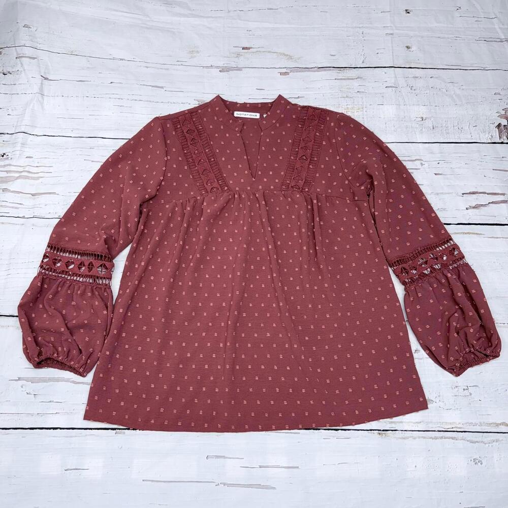Notations Boho Babydoll Textured Dot Rust Red Medium Cottagecore Top